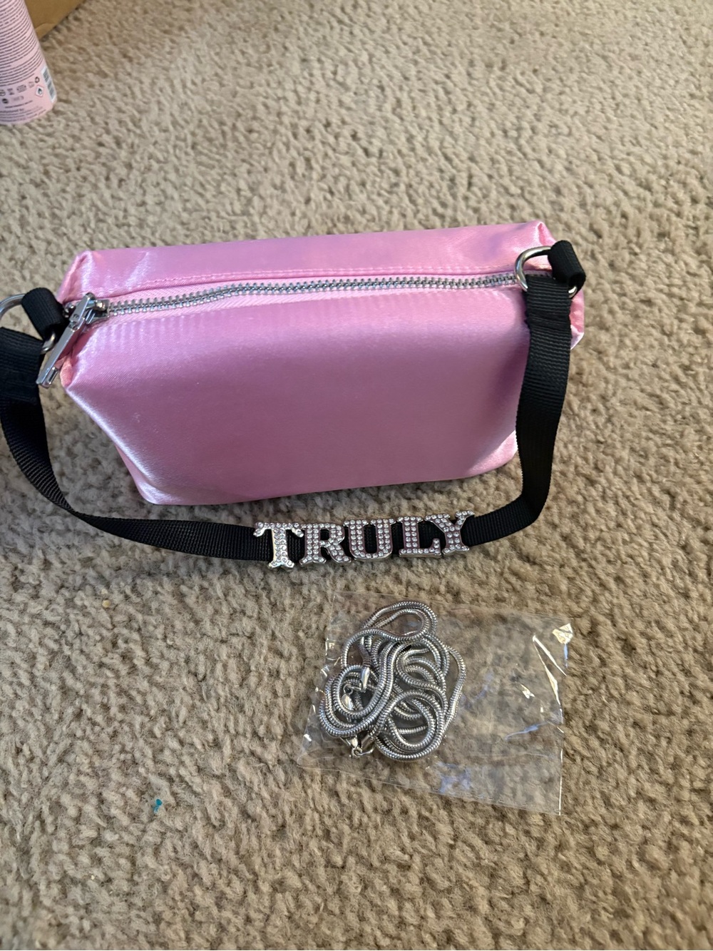 TRULY Pink Satin Crossbody Bag with Black Strap and Silver Accents